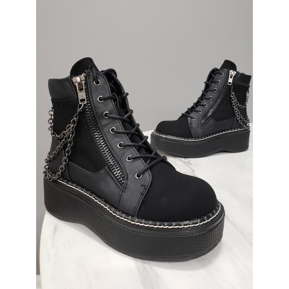 NEW SIZE 8 DEMONIA EMILY 114 2" Platform Lace-Up Chains Bootie Black Ankle Boots